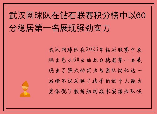 武汉网球队在钻石联赛积分榜中以60分稳居第一名展现强劲实力
